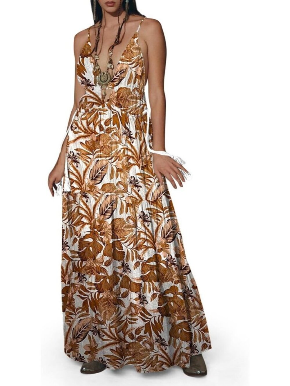 Women's Gothic Floral Witch Maxi Dress Casual Summer Halloween Outfit-Brown Palm